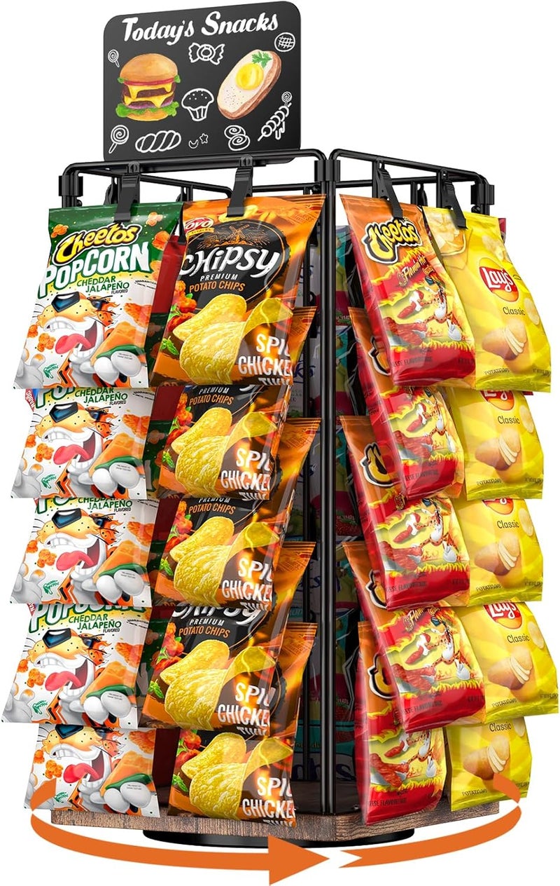 OFUSUY Chip Rack Display Stand, 5 Tiers 40 Clips Display Stand Easy Installation, 360°Rotating Wooden Base Chip Bag Holder for Concession Stand, Snack Organizer for Christmas Party, Retail(DarkWalnut) - Image 1